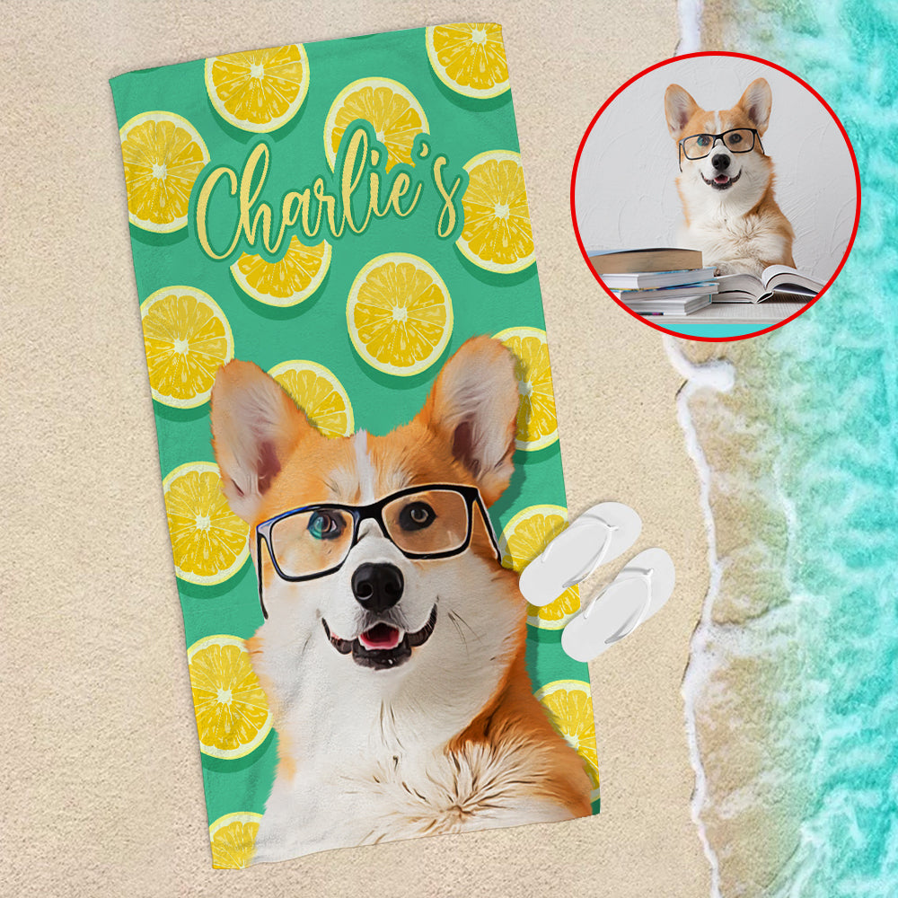 Custom Dog Photo Beach Towel - Lemon Pattern - Beach Towel - GoDuckee
