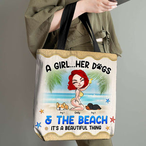 A Girl Her Dogs & The Beach - Personalized Tote Bag - Gift for Girls - Cool Summer Girl with Lazy Dogs - Tote Bag - GoDuckee