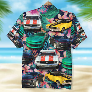 Custom Muscle Car Photo Hawaiian Shirt, Tropical Plants And Hibiscus Flowers Pattern, Summer Gift (Car0902) - Hawaiian Shirts - GoDuckee