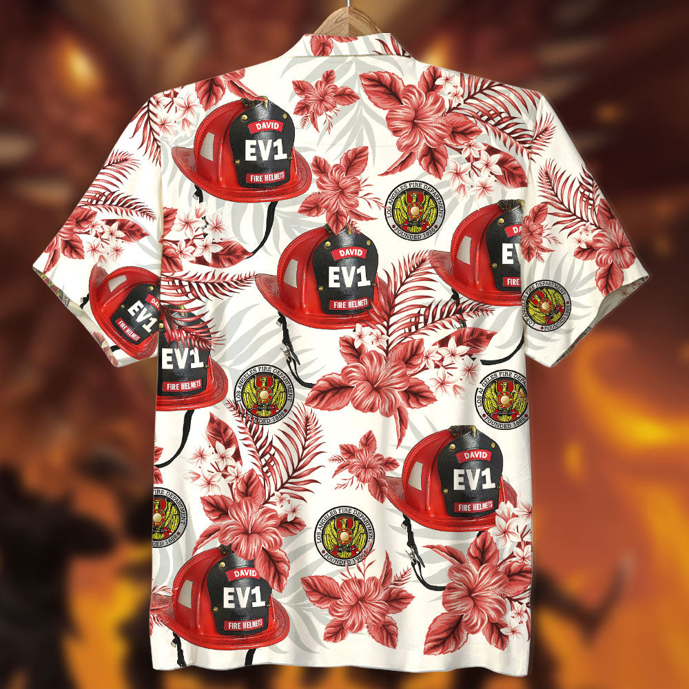 GoDuckee Custom Firefighter Logo Hawaiian Shirt, Aloha Shirt, Red Flower Pattern, Gift for Firefighter