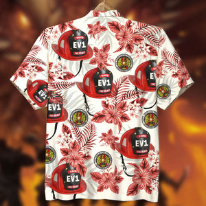 Custom Firefighter Logo Hawaiian Shirt, Aloha Shirt, Red Flower Pattern, Gift For Firefighter - Hawaiian Shirts - GoDuckee