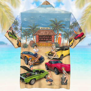 Custom Muscle Car Photo Hawaiian Shirt, Sexy Girls Sitting On Cars, Beach Pattern - Hawaiian Shirts - GoDuckee