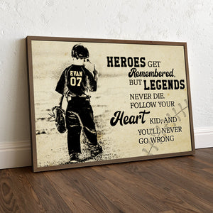Vintage Baseball Poster - Custom Name, Number - Legends Never Die - Kid Playing Baseball - Poster & Canvas - GoDuckee