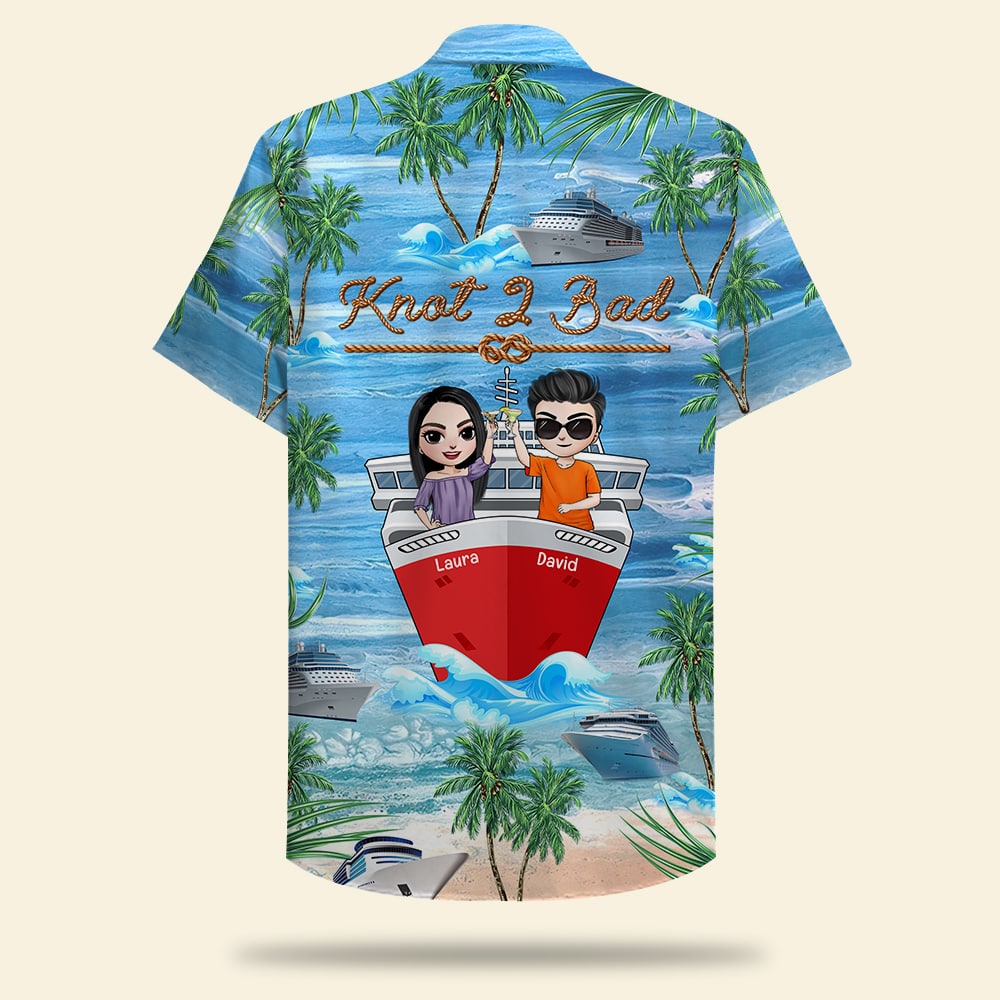 Personalized Cruising Couple Hawaiian Shirt - Drinking, Knot 2 Bad - Cruise & Palm Tree Pattern - Hawaiian Shirts - GoDuckee