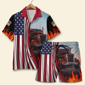 Custom Photo Hawaiian Shirt, Aloha Shirt and Mens Beach Shorts - Truck With Fire Background - Hawaiian Shirts - GoDuckee