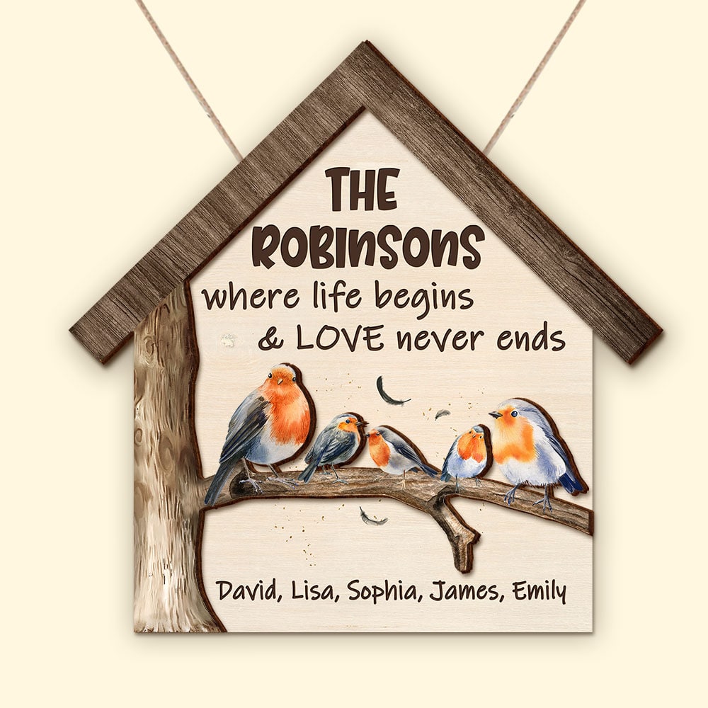 Where Life Begins & Love Never Ends Personalized Bird Family Wood Sign, Gift For Family - Wood Sign - GoDuckee