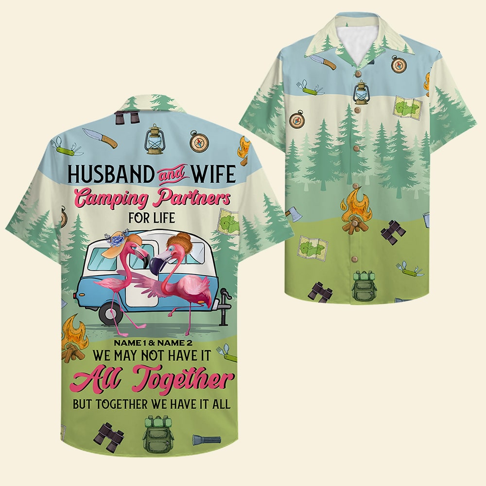 Personalized Camping Couple Hawaiian Shirt - Flamingo Husband and Wife, Camping Partners For Life - Hawaiian Shirts - GoDuckee