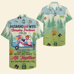 Personalized Camping Couple Hawaiian Shirt - Flamingo Husband and Wife, Camping Partners For Life - Hawaiian Shirts - GoDuckee
