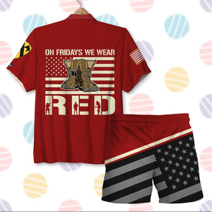 On Fridays We Wear Red, Personalized Hawaiian Shirt Men Beach Shorts, Gifts for Veterans, Custom Military Unit - Hawaiian Shirts - GoDuckee