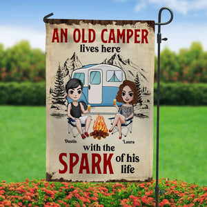 An Old Camper Lives Here With The Spark Of His Life Personalized Camping Couple Garden Flag - Flag - GoDuckee