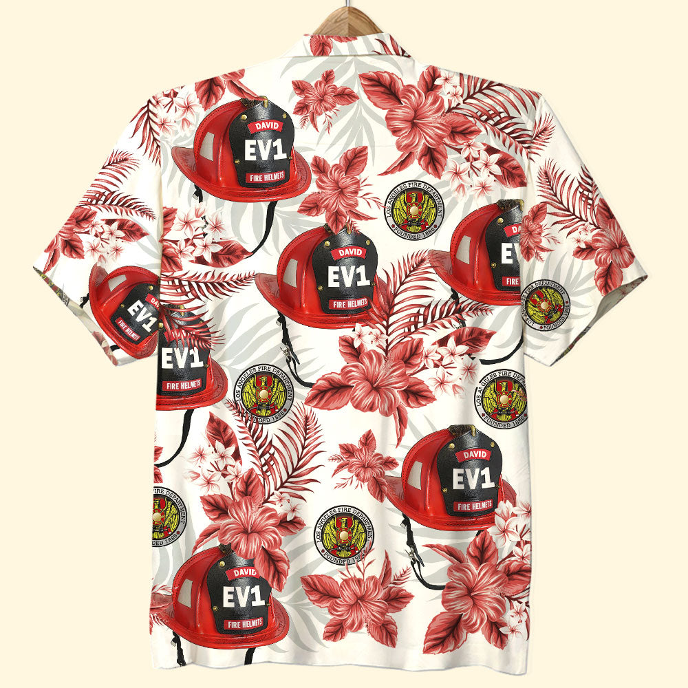 GoDuckee Custom Firefighter Logo Hawaiian Shirt, Aloha Shirt, Red Flower Pattern, Gift for Firefighter