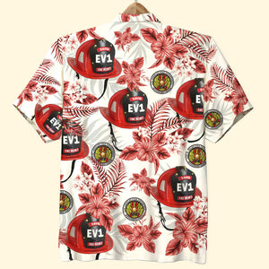 Custom Firefighter Logo Hawaiian Shirt, Aloha Shirt, Red Flower Pattern, Gift For Firefighter - Hawaiian Shirts - GoDuckee