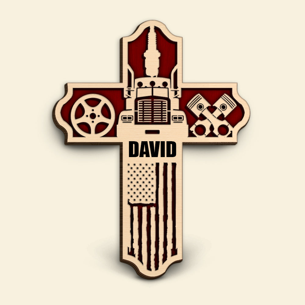 Trucker Truck Inside A Cross - Personalized Wood Art - Gift for Trucker - Wood Sign - GoDuckee