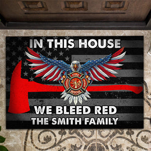 American Firefighter Doormat - Custom Name - Axe & Eagle - In This House, We Bleed Red - Doormat - GoDuckee