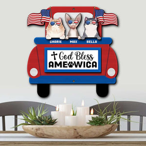 Cat God Bless Ameowica, Personalized Layered Wood Sign Stand, Gifts for Cat Lovers - Wood Sign - GoDuckee