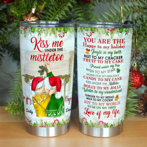 Kiss Me Under The Mistletoe, Kissing Couple Personalized Tumbler - Tumbler Cup - GoDuckee