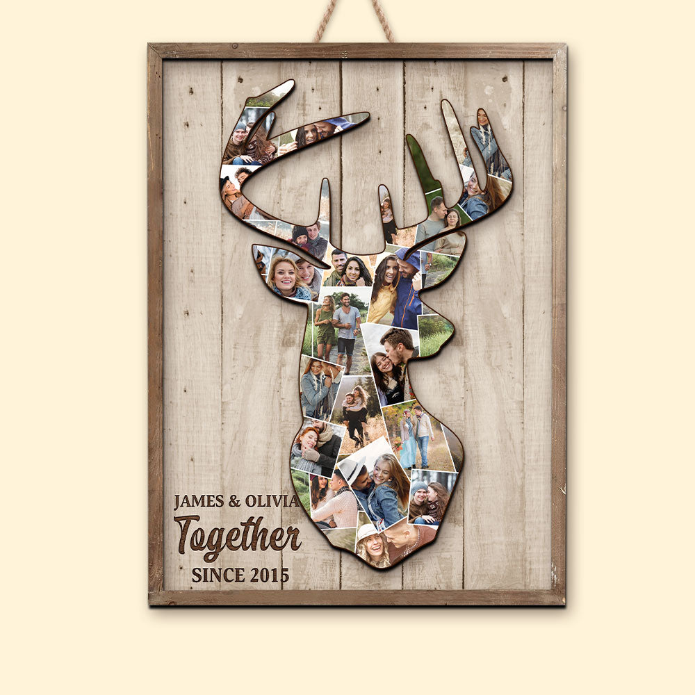 Custom Deer Couple Photo Wood Sign, Gift For Couple - Wood Sign - GoDuckee
