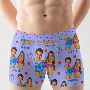 Red Heart With Cartoon Background - Custom Photo Couple Boxer Briefs -  GoDuckee