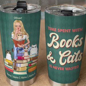 Personalized Cat Mom Tumbler Cup - Time Spent With Books and Cats - A Reading Girl With Cats - Tumbler Cup - GoDuckee