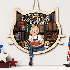 Time Spent With Dogs And Books Is Never Wasted, Personalized Reading Girl Wood Sign, Gift for Book Lovers - Wood Sign - GoDuckee