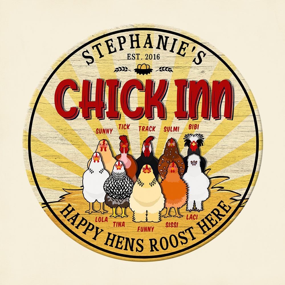 Chick Inn Happy Hens Roots Here Personalized Poultry Farming Round Wooden Sign - Wood Sign - GoDuckee