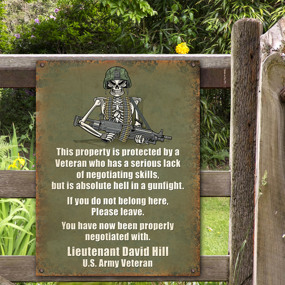 Veteran Metal Sign - This Property Is Protect By A Veteran - Custom Name - Metal Wall Art - GoDuckee