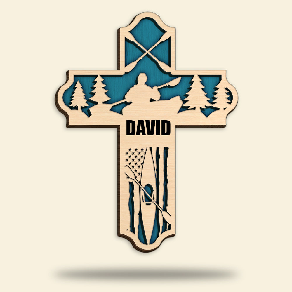 Kayak Layered Cross With American Flag - Personalized Wood Art - Gifts for Kayakers - Wood Sign - GoDuckee