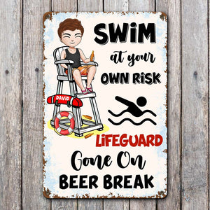 Personalized Pool Metal Sign Swim At Your Own Risk Man Drinking - Metal Wall Art - GoDuckee