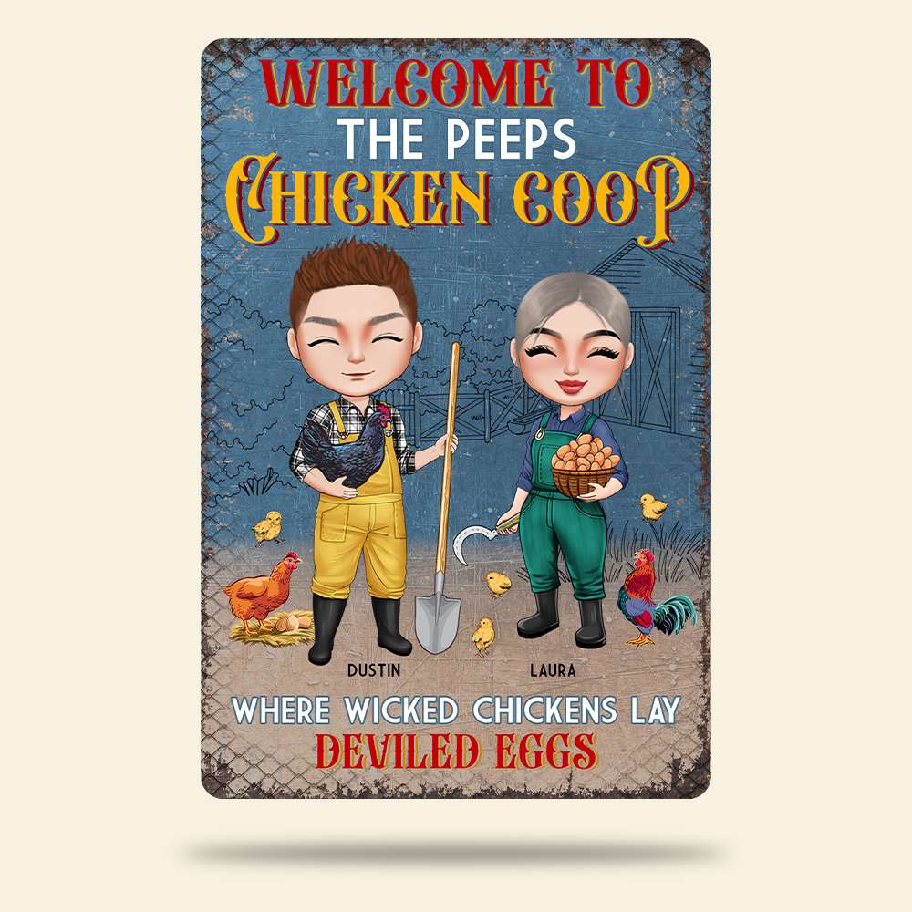 Welcome To Our Chicken Coop Wicked Chickens Lay Deviled Eggs, Personalized Metal Sign, Gifts for Farmers - Metal Wall Art - GoDuckee
