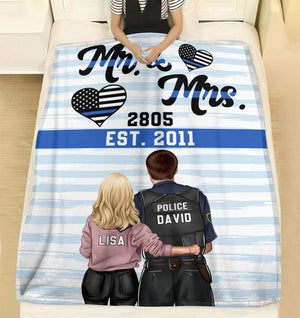 Personalized Police Couple Blanket - Custom Name, Number - Thin Blue Line Background - Mr & Mrs - Blanket - GoDuckee