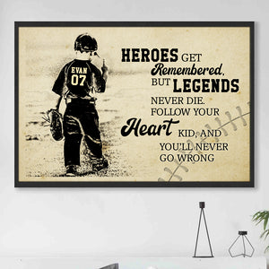 Vintage Baseball Poster - Custom Name, Number - Legends Never Die - Kid Playing Baseball - Poster & Canvas - GoDuckee