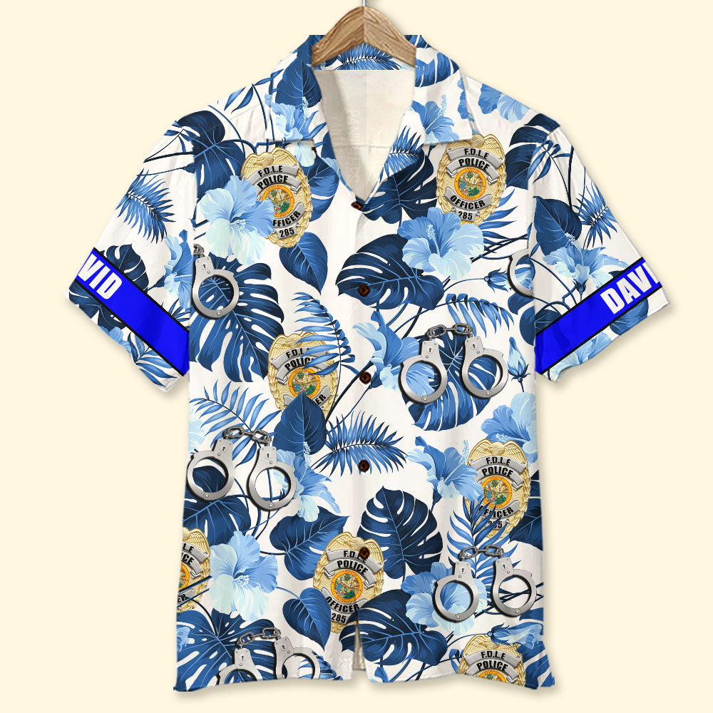 Custom Police Badge Hawaiian Shirt, Gift For Him, Blue Tree Pattern - Hawaiian Shirts - GoDuckee