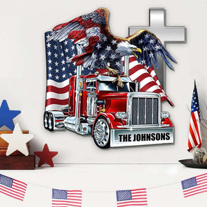 Trucker Truck with Eagle and American Flag, Personalized Cut Metal Sign, Gifts for Trucker Family - Metal Wall Art - GoDuckee