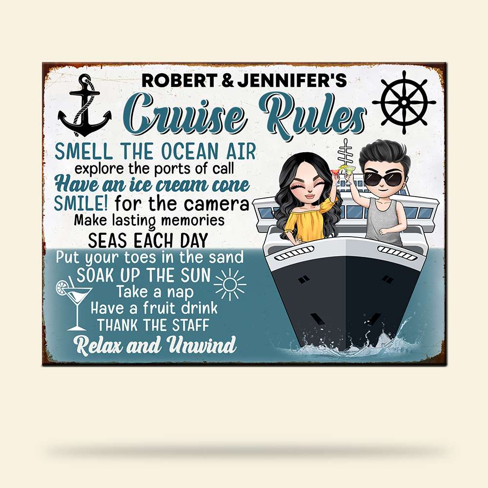 Personalized Cruising Couple Metal Sign - Cruise Rules Relax and Unwind - Metal Wall Art - GoDuckee