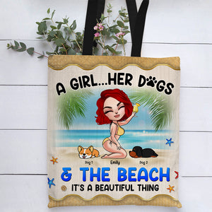 A Girl Her Dogs & The Beach - Personalized Tote Bag - Gift for Girls - Cool Summer Girl with Lazy Dogs - Tote Bag - GoDuckee