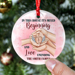 In This House It's Mixed Beginning And Love Unending, Personalized Circle Ceramic Ornament Gift For Family - Ornament - GoDuckee