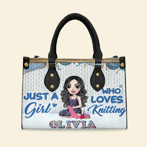 Just A Girl Who Loves Knitting Personalized Knitting Leather Bag - Leather Bag - GoDuckee