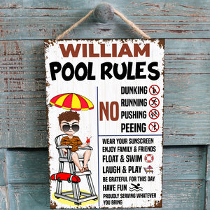 Pool Rules Personalized Pool Metal Sign Man Drinking - Metal Wall Art - GoDuckee