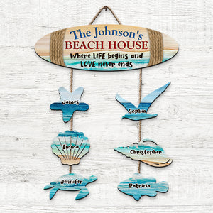 Sea Creatures Shape, Personalized Family Beach Wood Sign, Where Life Begins Love Never Ends - Wood Sign - GoDuckee