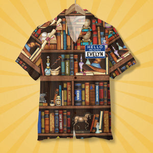 Personalized Book Lover Hawaiian Shirt - Hello My Name Is - Bookshelf Pattern - Hawaiian Shirts - GoDuckee