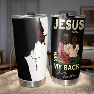 Personalized Jesus 20oz Tumbler Cup - Jesus Has My Back Yours Too If You Let Him - Girl Sitting With Jesus - Tumbler Cup - GoDuckee