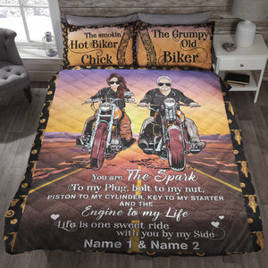 Biker Couple Engine To My Life - Personalized Quilt Bed Set - Gift for Him/Her - Front Cool Biker Couple - Blanket - GoDuckee