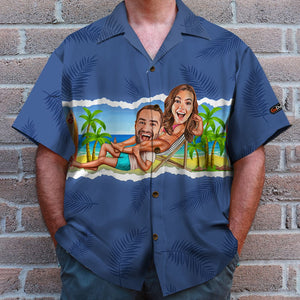 Couple And Beach Background - Custom Photo Hawaiian Shirt, Aloha Shirt and Men Beach Shorts - Hawaiian Shirts - GoDuckee