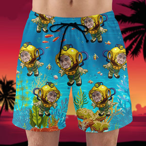 Scuba Diving Deep Diving Under The Seas Custom Face Image, Personalized Hawaiian Shirt and Men Beach Shorts, Summer Gifts for Men - Hawaiian Shirts - GoDuckee