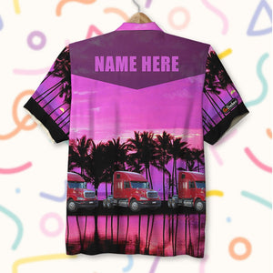Trucker Hawaiian Shirt & Beach Shorts - Custom Trucker's Name - Purple Beach Scene - Hawaiian Shirts - GoDuckee