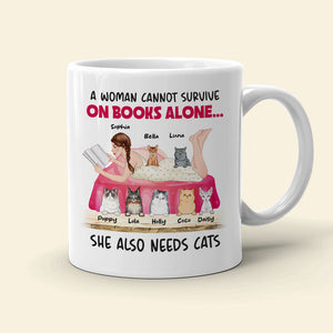 A Woman Cannot Survive On Books Alone, Girl Book Cat White Mug - Coffee Mug - GoDuckee