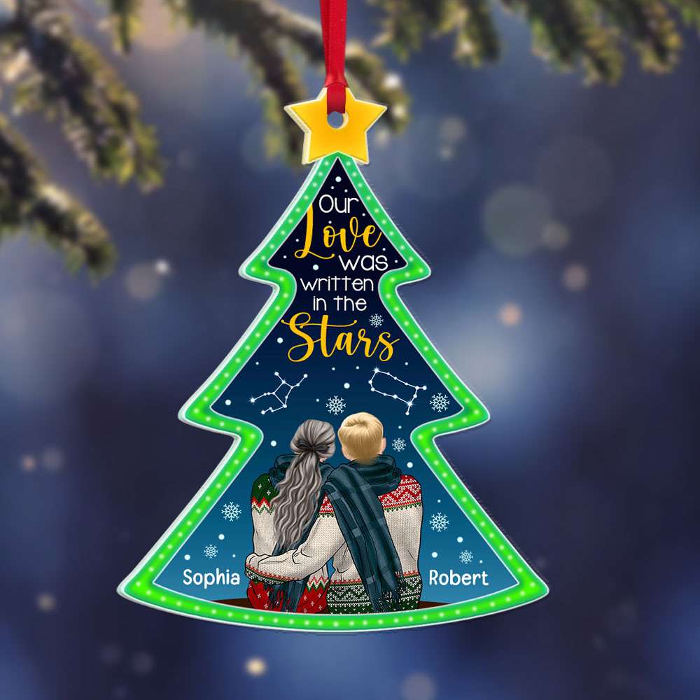Couple Our Love Is Written In The Stars, Personalized Christmas Tree Acrylic Ornament - Ornament - GoDuckee