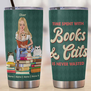 Personalized Cat Mom Tumbler Cup - Time Spent With Books and Cats - A Reading Girl With Cats - Tumbler Cup - GoDuckee