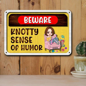 Beware Knotty Sense of Humor, Funny Personalized Wood Sign for Knitting and Crochet Lovers - Wood Sign - GoDuckee