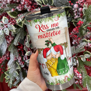 Kiss Me Under The Mistletoe, Kissing Couple Personalized Tumbler - Tumbler Cup - GoDuckee